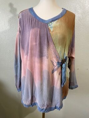 Kusnadi New York Abstract Rayon Blouse Multicolor Wood Accent Tie Front Sz M